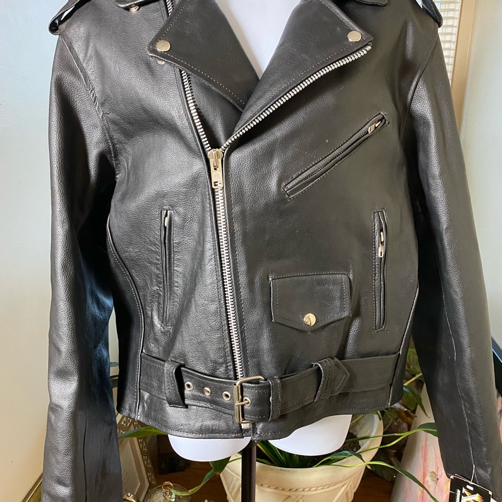 NWT Men’s black leather motorcycle jacket large xelement b8100